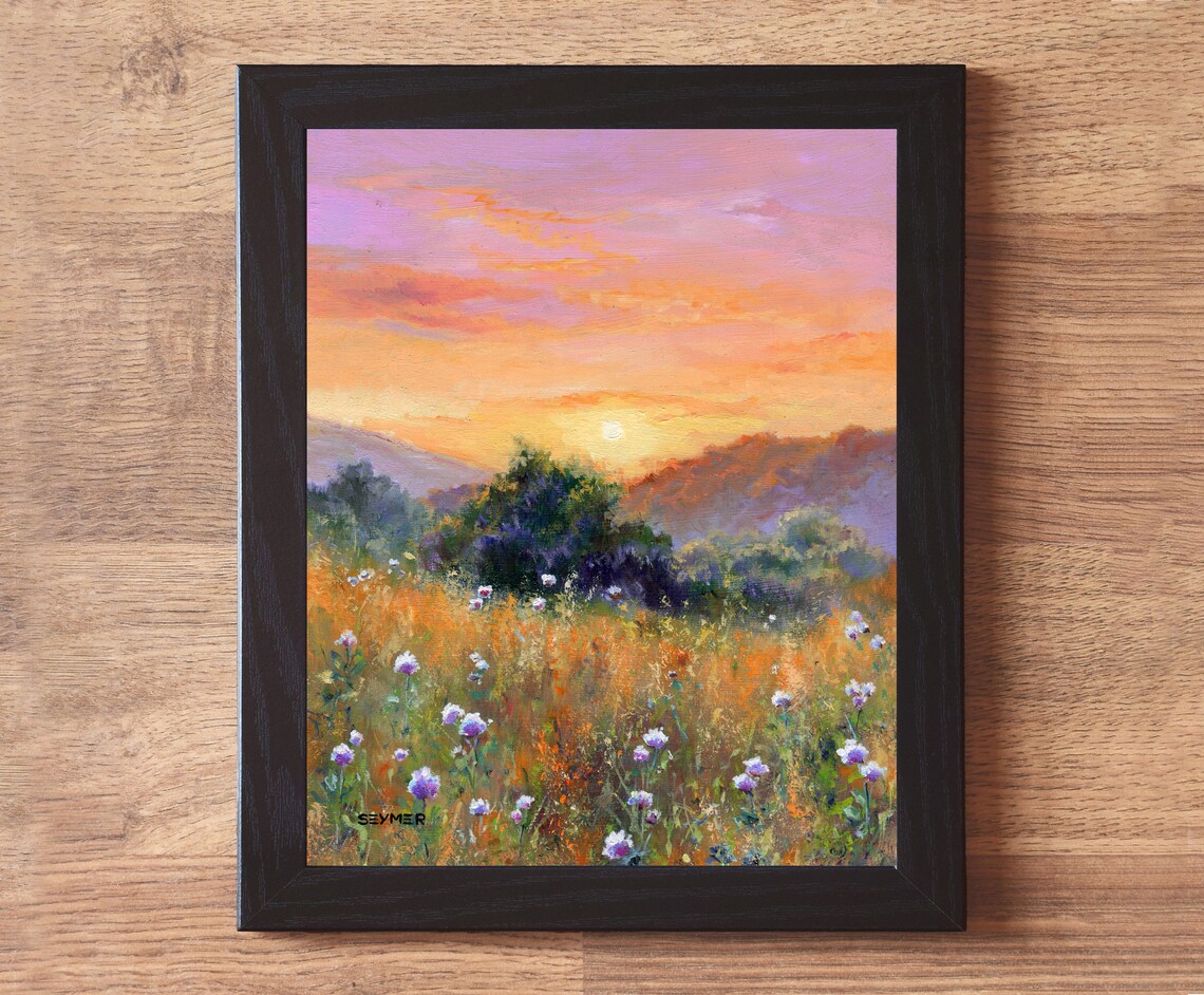 Summer Wildflower Meadow Sunset Landscape Oil Painting Poster - Image 6
