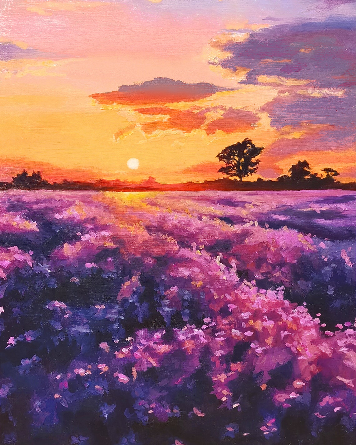 Lavender Field at Sunset Under a Dramatic Orange Violet Sky Poster