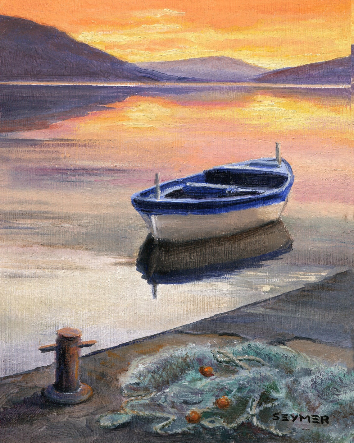 Wooden Row Boat Painting Print Calm Lake Jetty Art Pier Fishboat Sunset Art Poster Dock Bay Water Reflections Fishing Lover Gift For Dad - Image 6