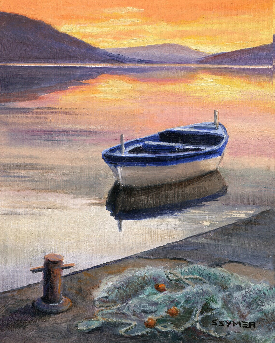 Wooden Rowboat Dock Calm Sunset Lake Reflection Oil Painting Poster - Image 6