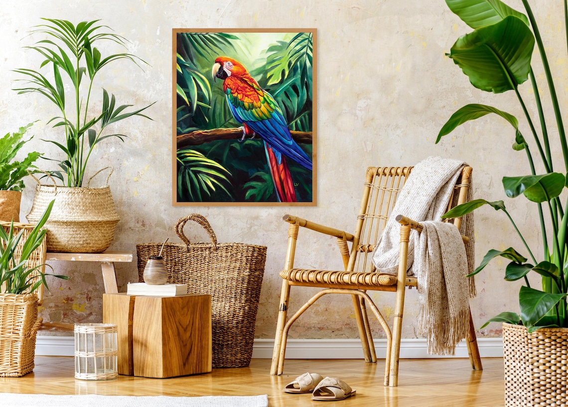 Red Parrot Oil Painting Art Print, Tropical Bird Portrait - Image 2