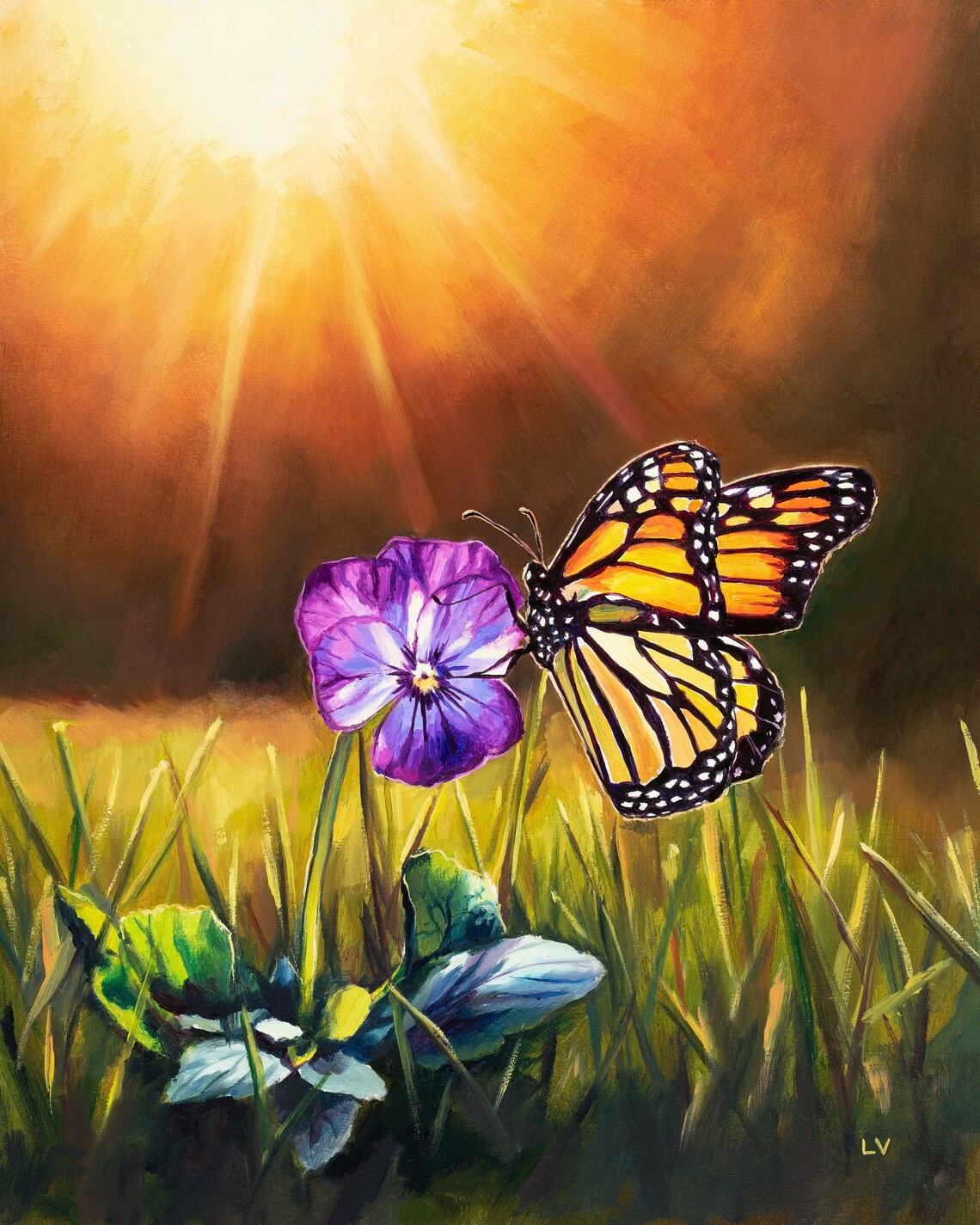 Monarch Butterfly Purple Pansy Sunset Meadow Oil Painting Poster - Image 6