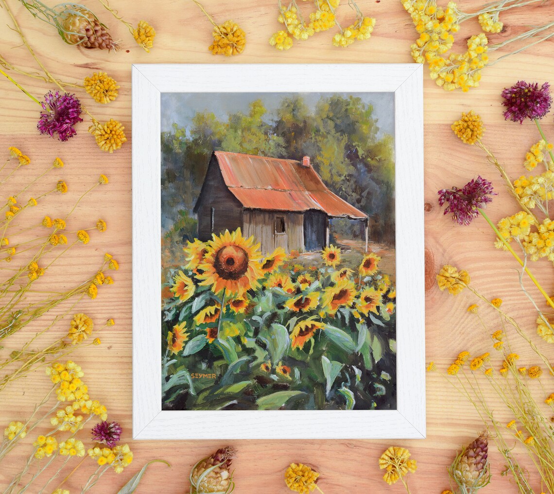 Sunflower Field in Front of a Rustic Cabin with a Red Tin Roof Poster - Image 2