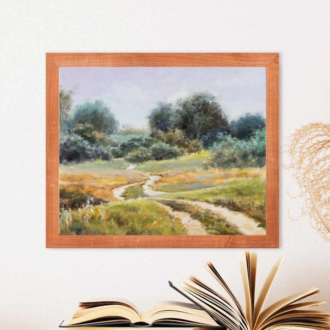 Winding Country Road Through a Soft Sunlit Summer Meadow Poster
