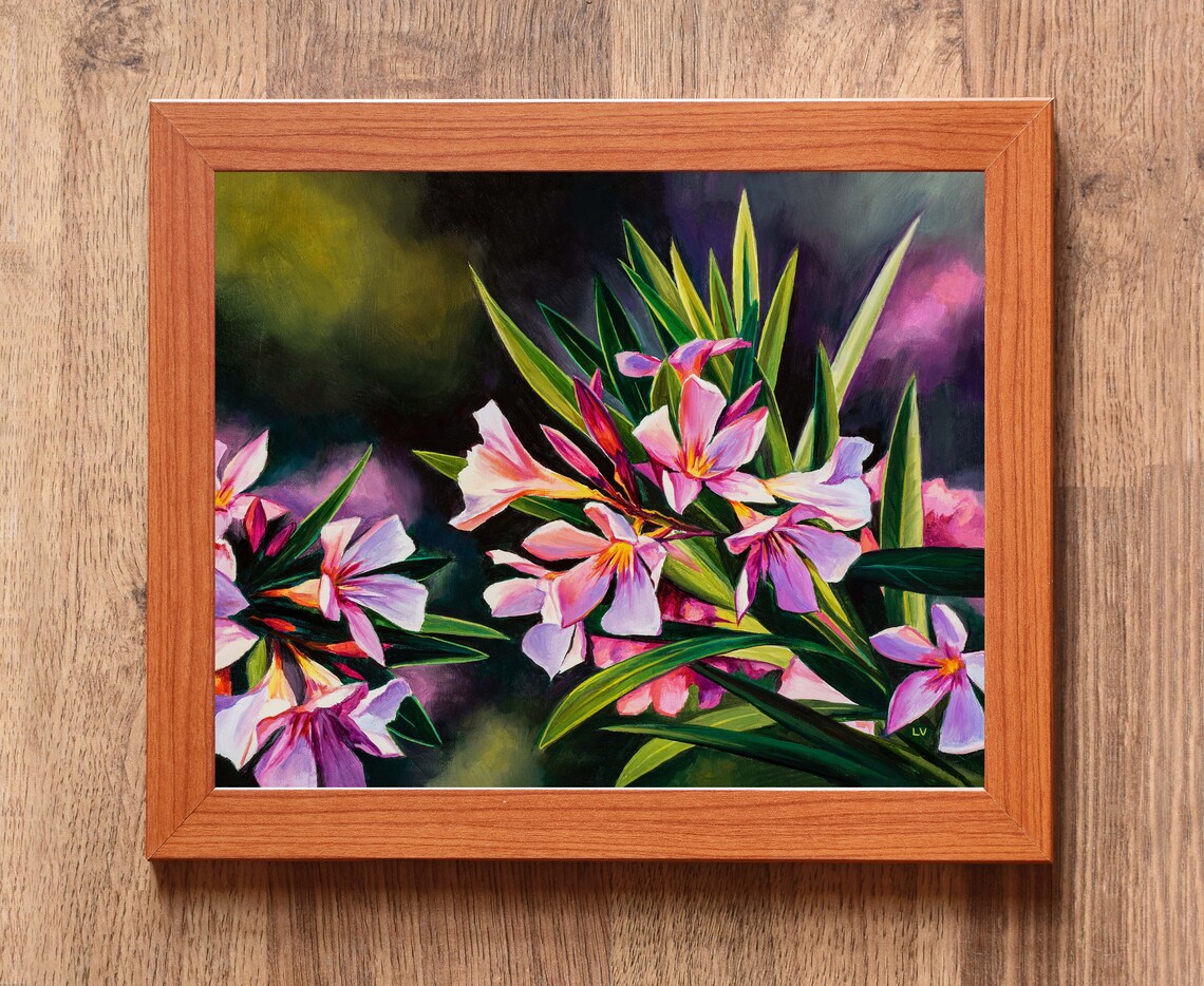 Pink Oleander Blossoms Dramatic Dark Garden Night Oil Painting Poster - Image 5