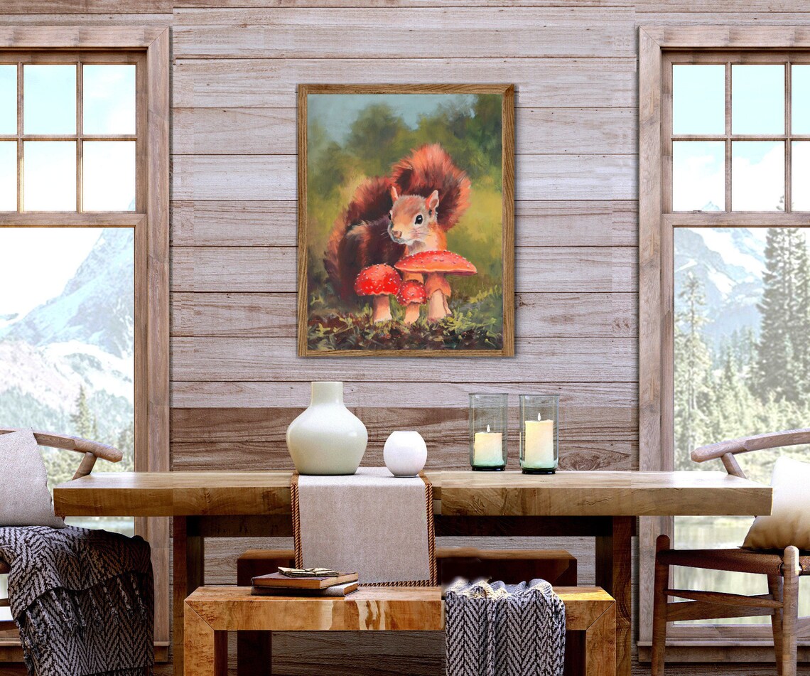 Red Squirrel Fly Agaric Mushrooms Autumn Forest Oil Painting Poster - Image 3