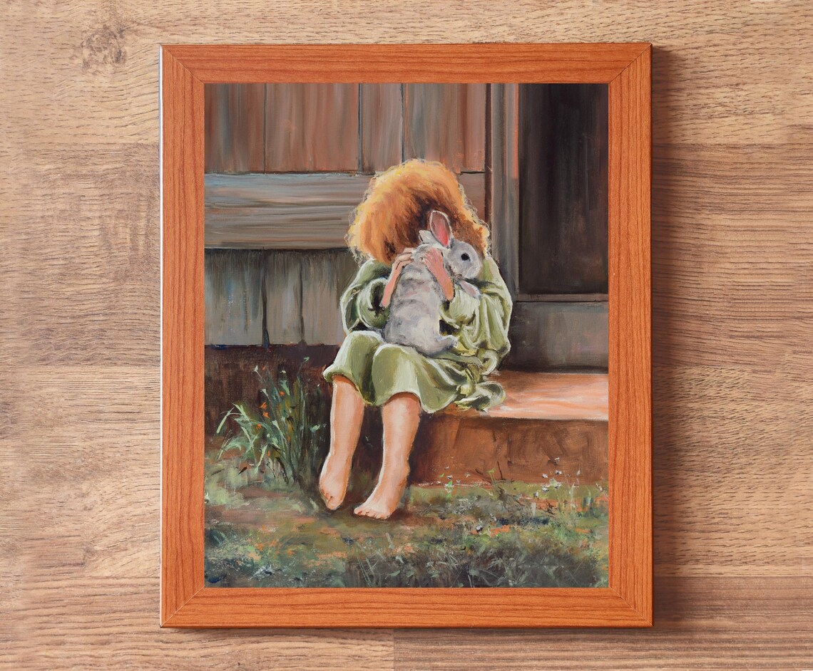 Little Girl Hugging a Bunny While Sitting on a Farmhouse Porch Poster - Image 3