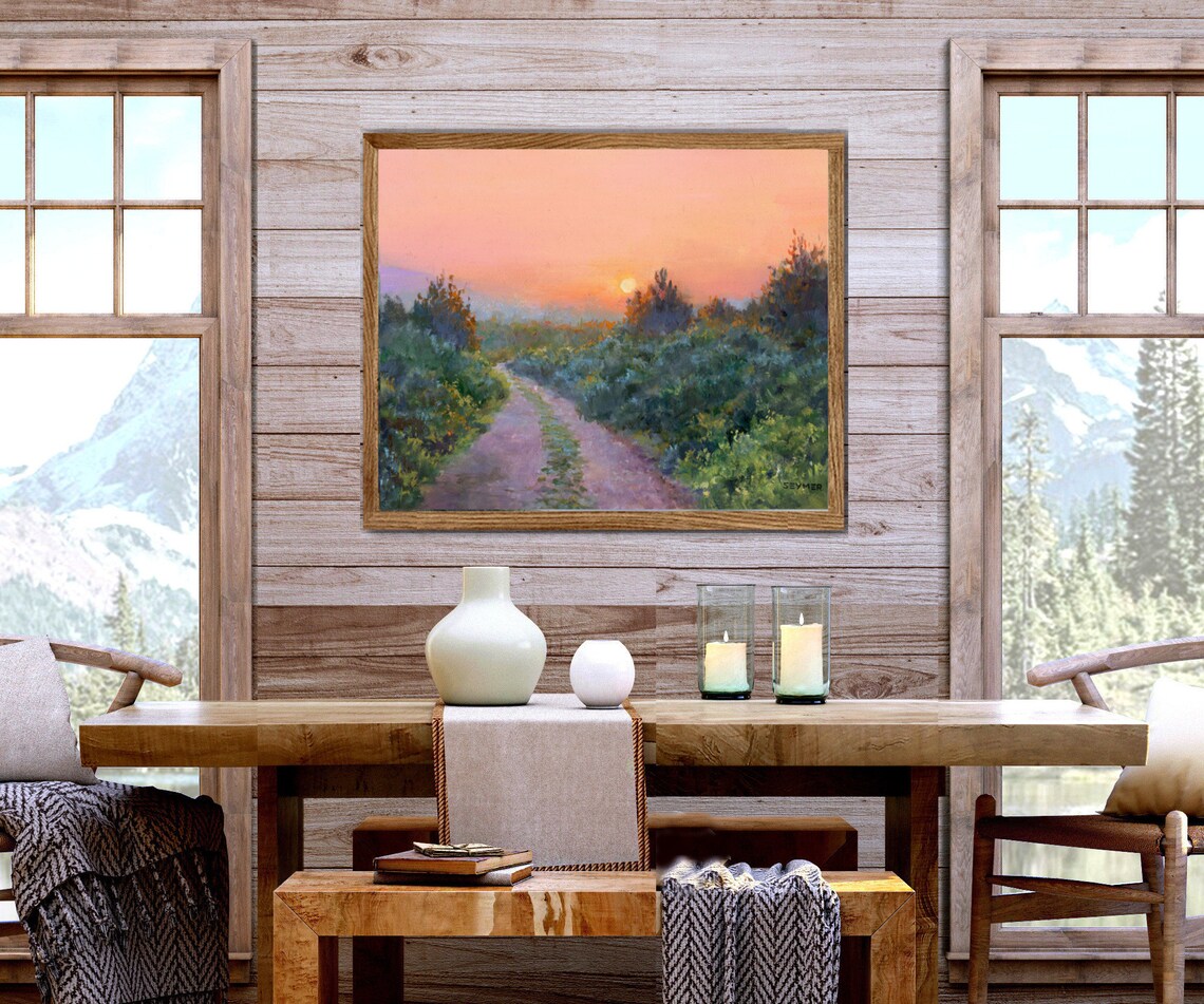 Country Lane Winding toward a Peach-Colored Sunset Sky Poster - Image 4