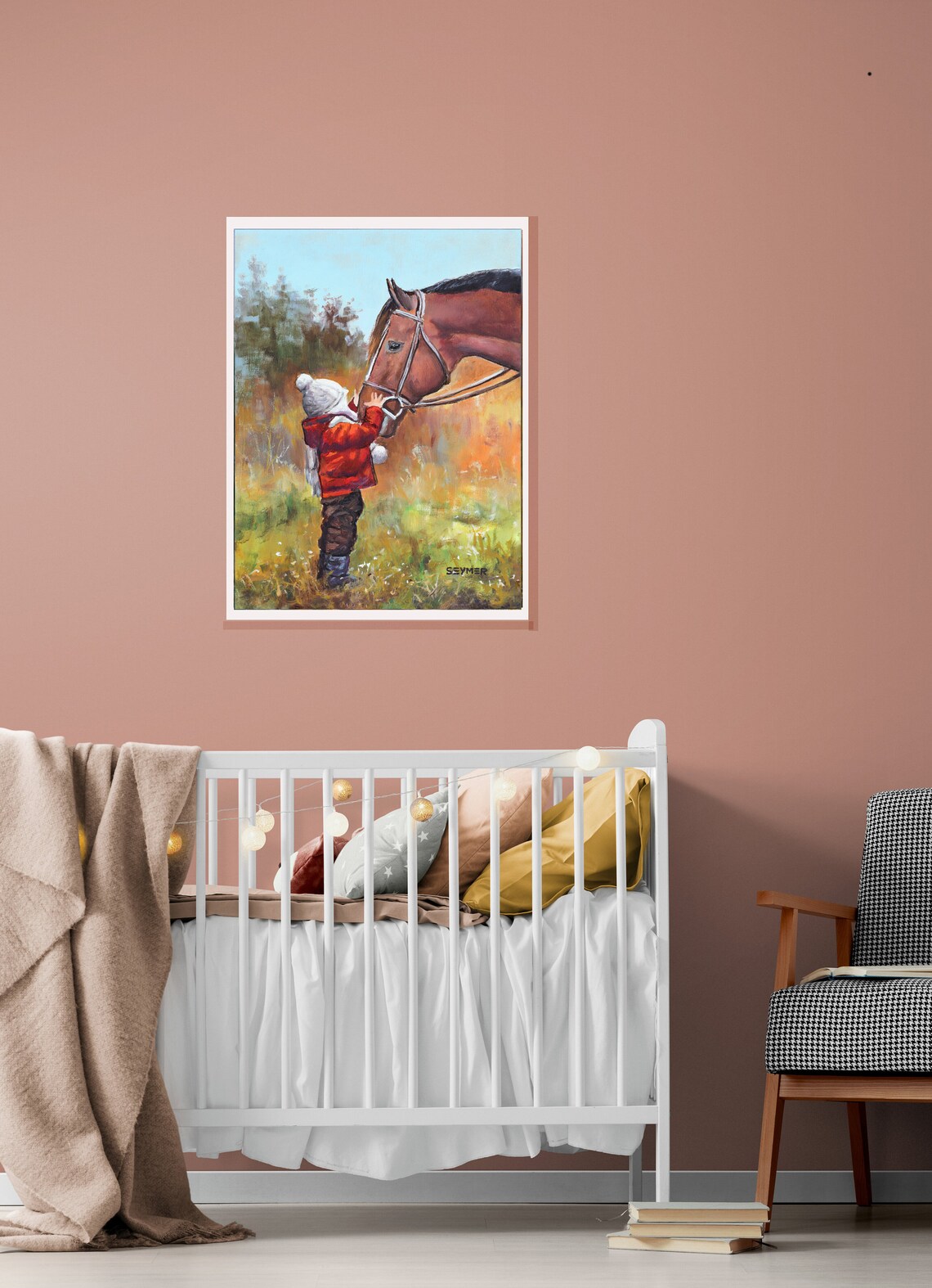 Child And Horse Farmhouse Oil Painting Kid Touching Horse Poster - Image 5