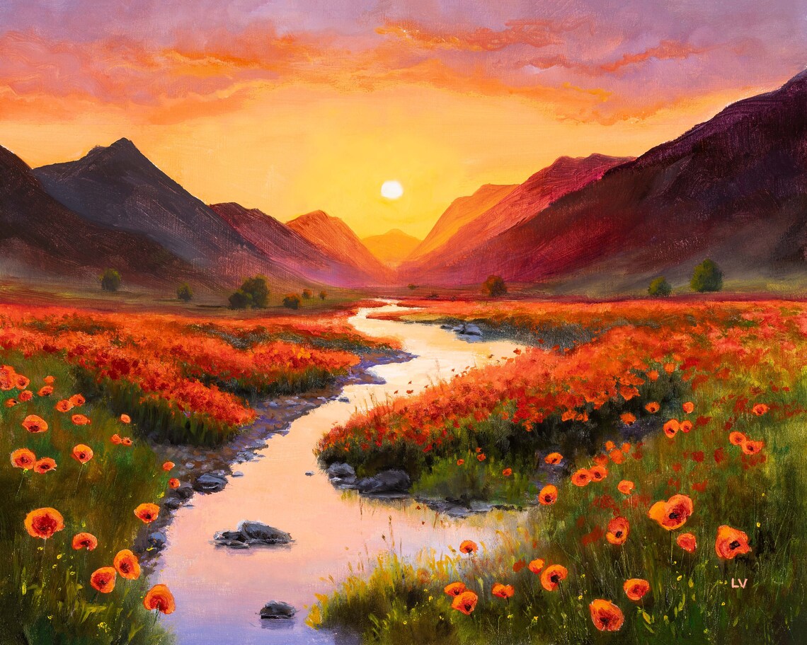 Golden Hour Mountains Meadow Art Print, Warm Decor