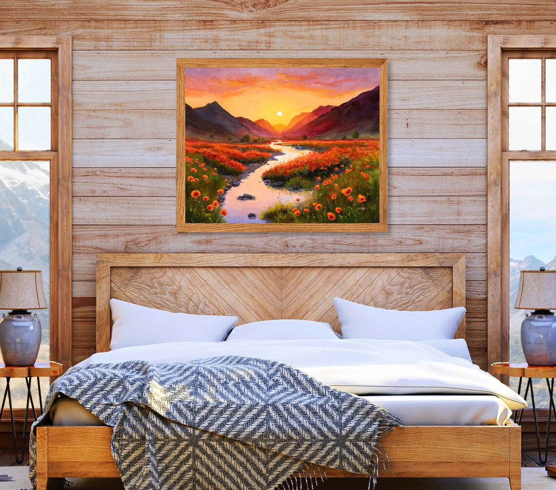 Golden Hour Mountains Meadow Art Print, Warm Decor - Image 6