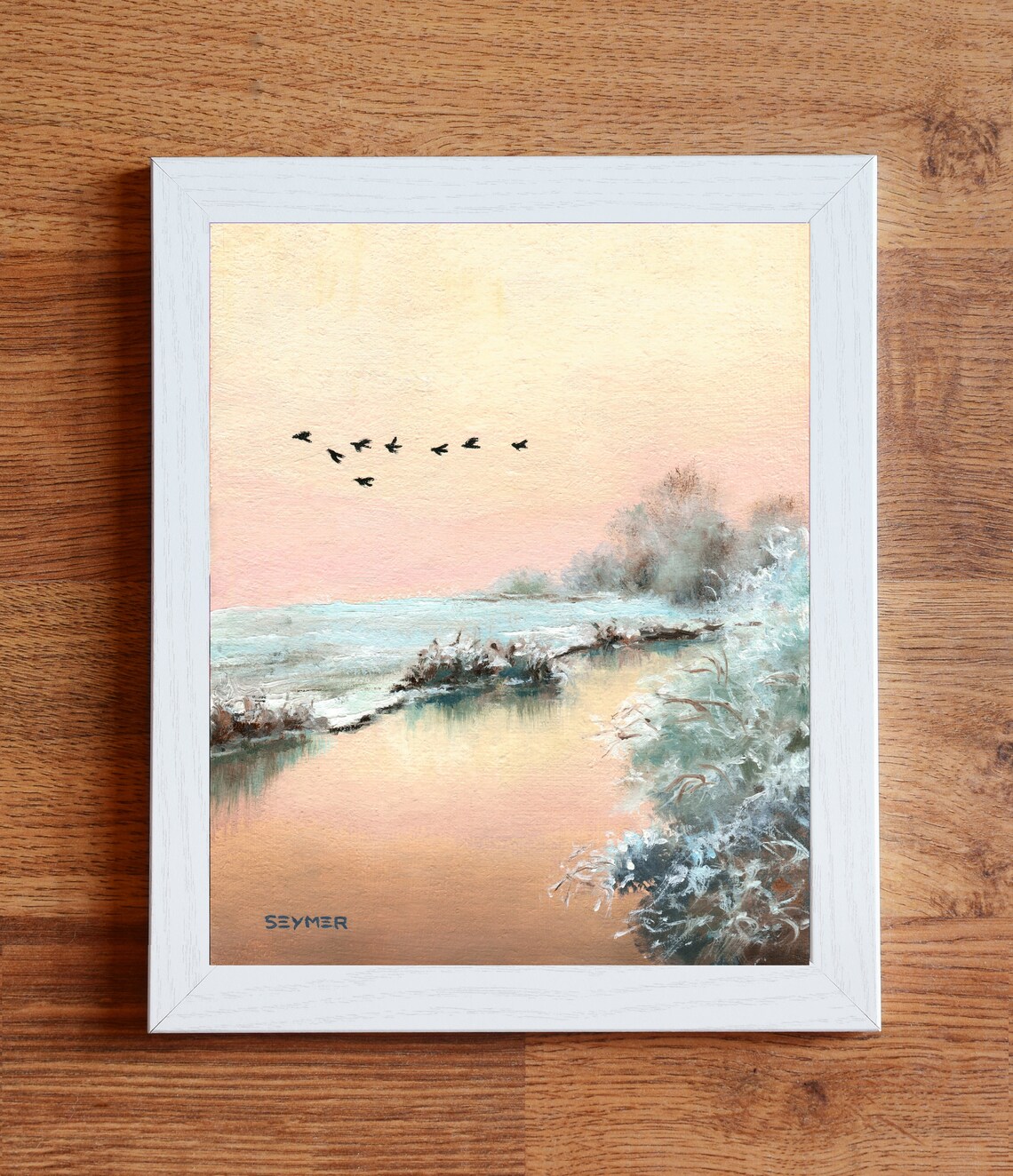 Flock of Birds Flying Over a Frosty Winter River at Sunrise Poster - Image 4