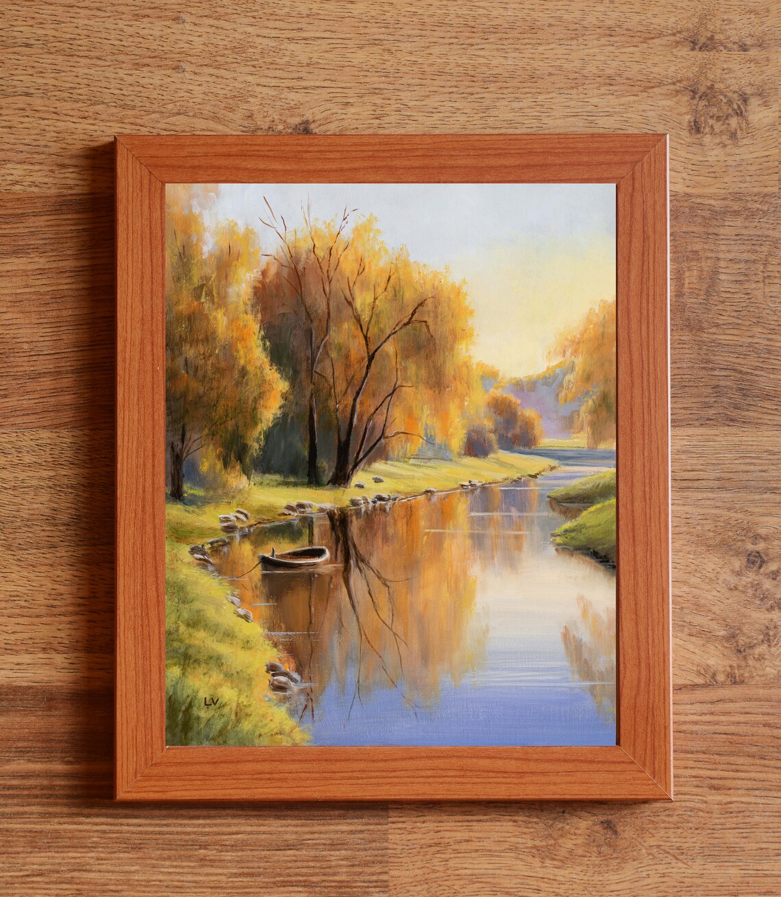 Weeping Willow River and Boat Vintage Oil Print - Image 3