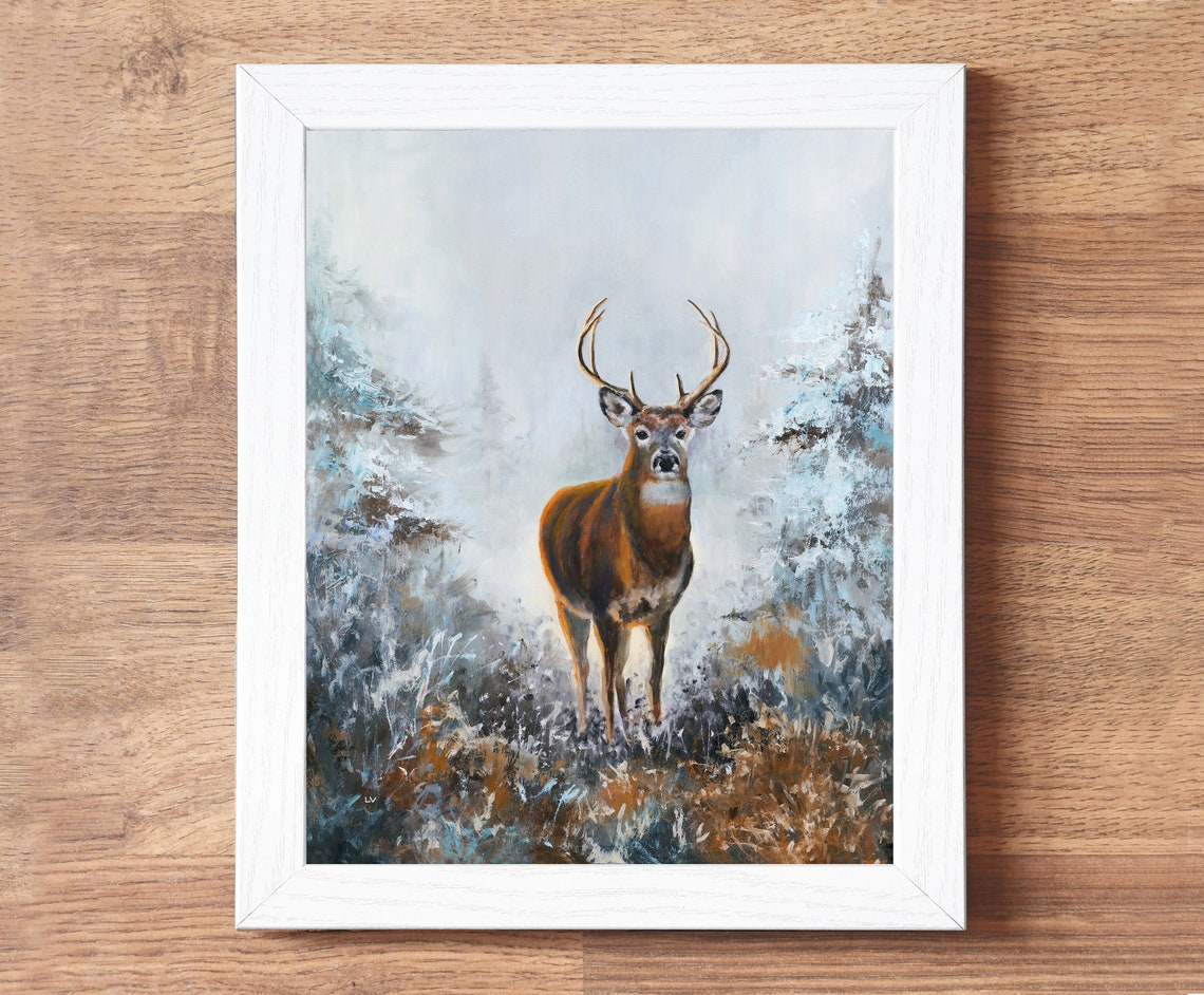 Whitetail Buck Facing Forward in a Snowy Misty Forest at Dawn Poster - Image 4