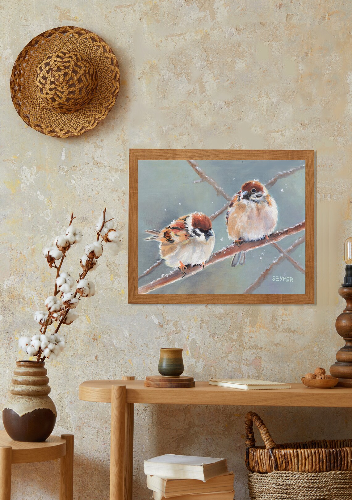 Two Sparrows On Snowy Branch Bird Oil Painting Winter Poster - Image 4