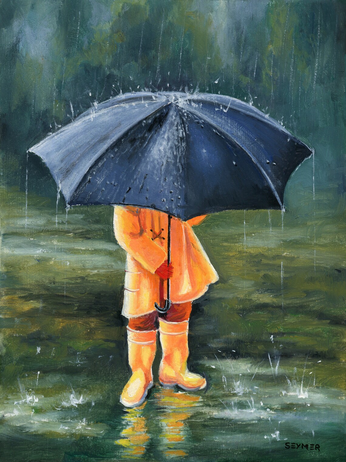 Small Child with Umbrella Splashing in the Summer Rain Poster - Image 6