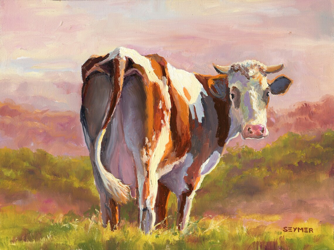 Brown White Cow Looking Back Pasture Sunset Farm Oil Painting Poster - Image 6