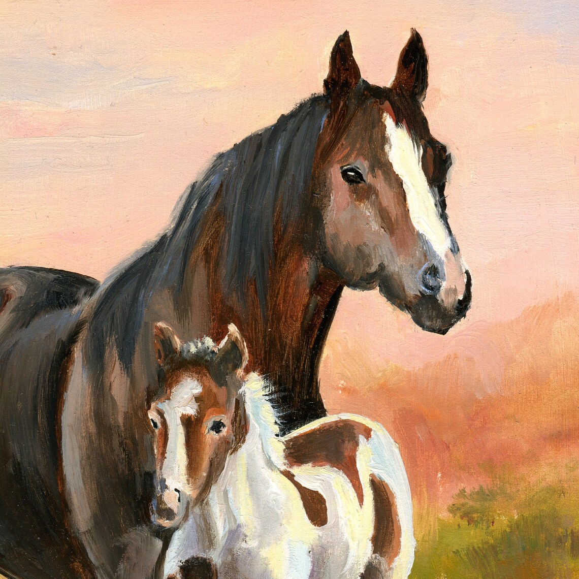 Mare and Colt Horse Oil Painting, Farmhouse Art Print - Image 5