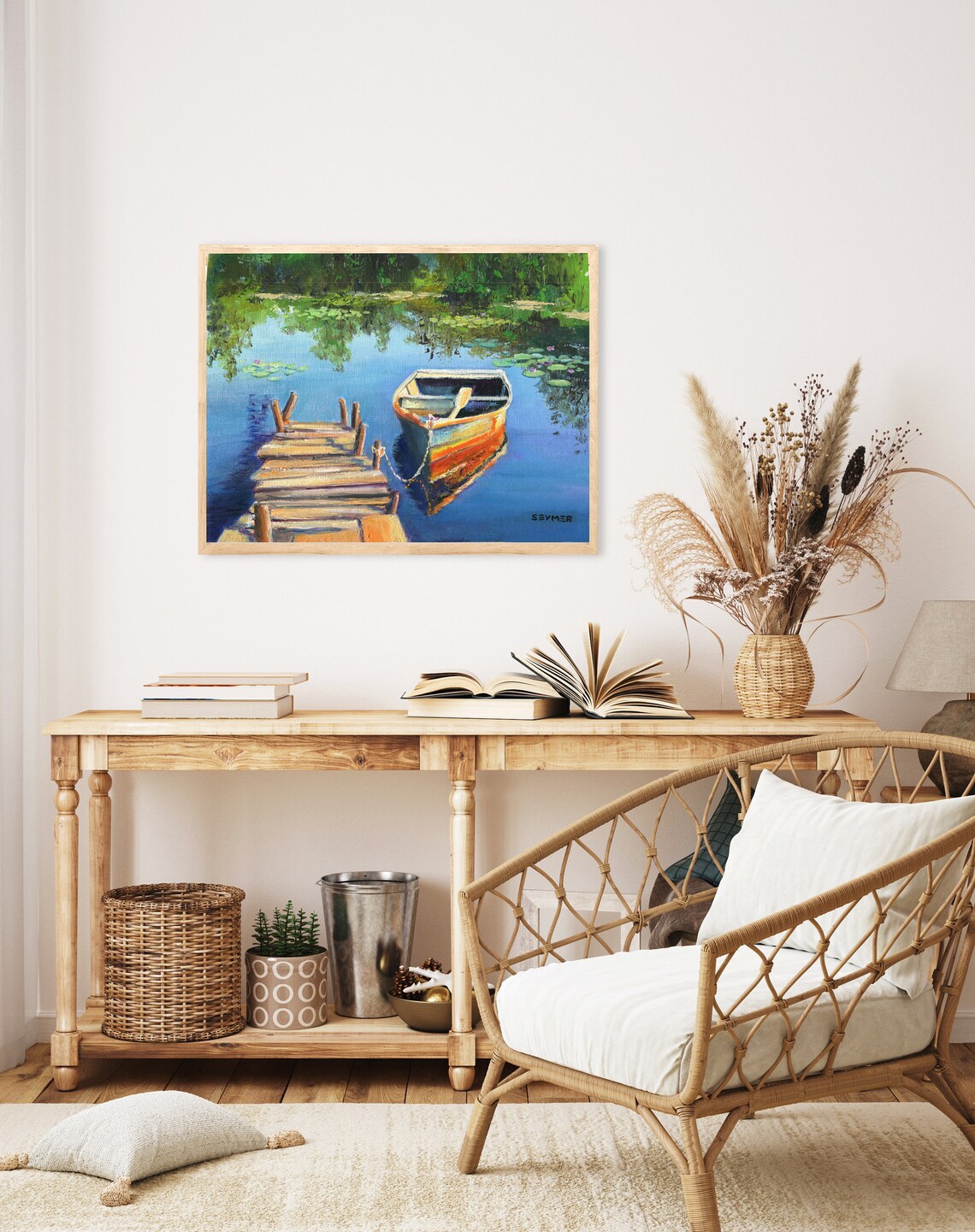 Wooden Dock And Boat On Lake Landscape Oil Painting With Lilies Poster - Image 5