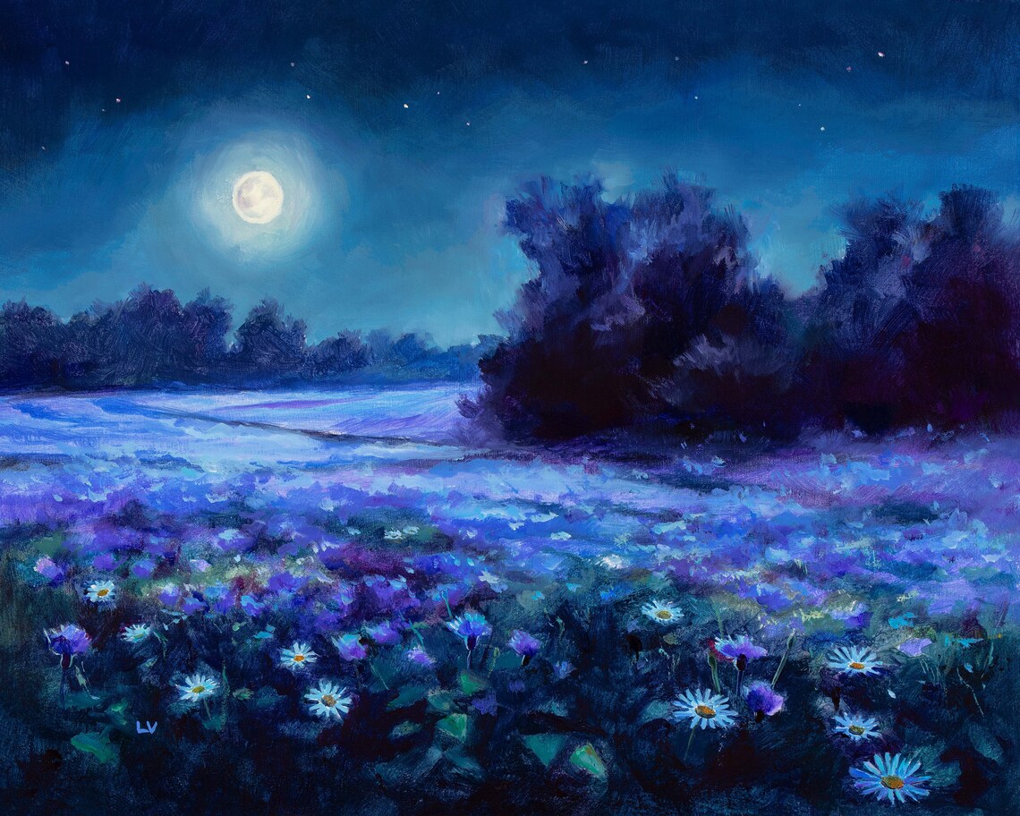 Nocturne Landscape, Night Flower Field Art Print
