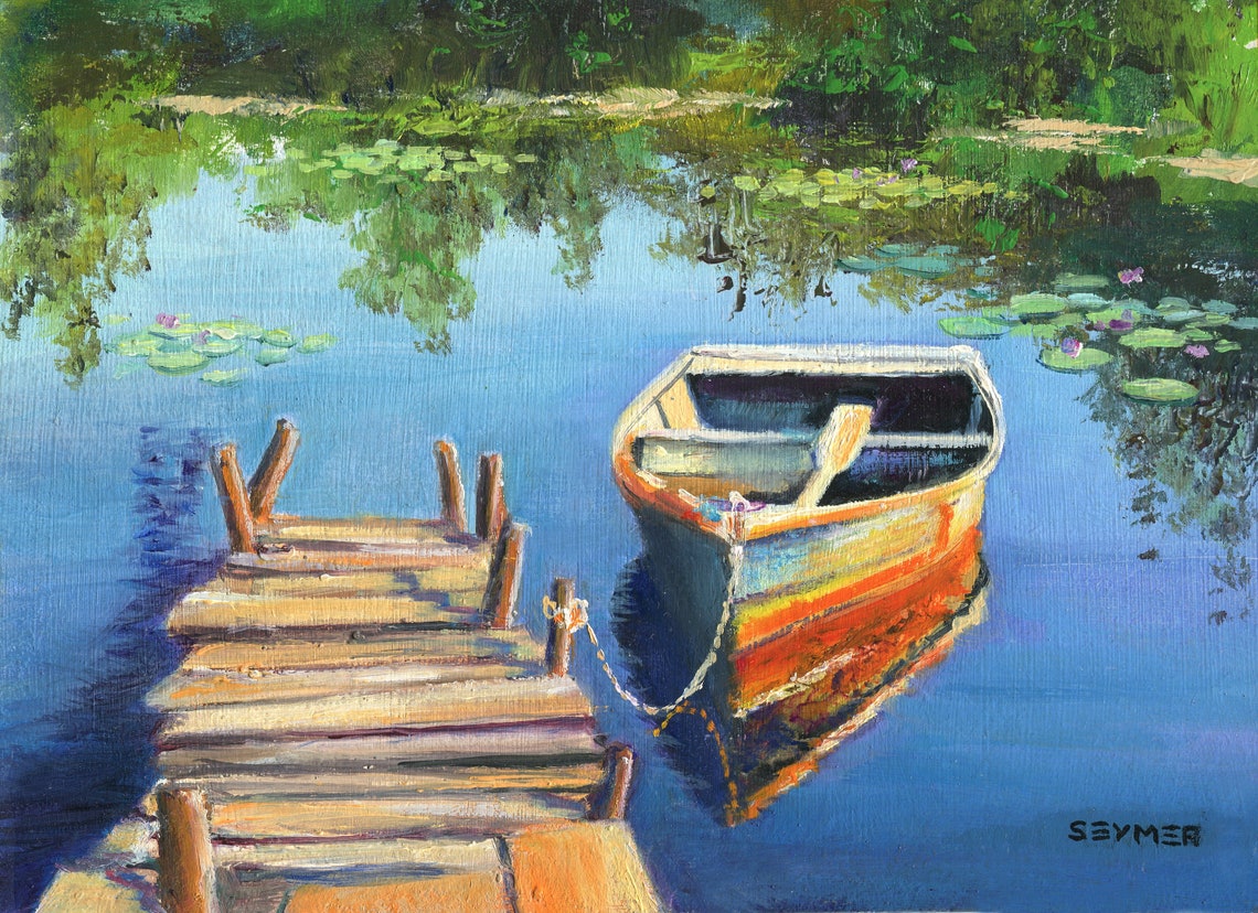 Boat On A Wooden Pier Original Painting Water Lilies Blue Lake Fishing Rowing Boat Nautical Summer Scene Calme Boat Art Lake House Decor - Image 6