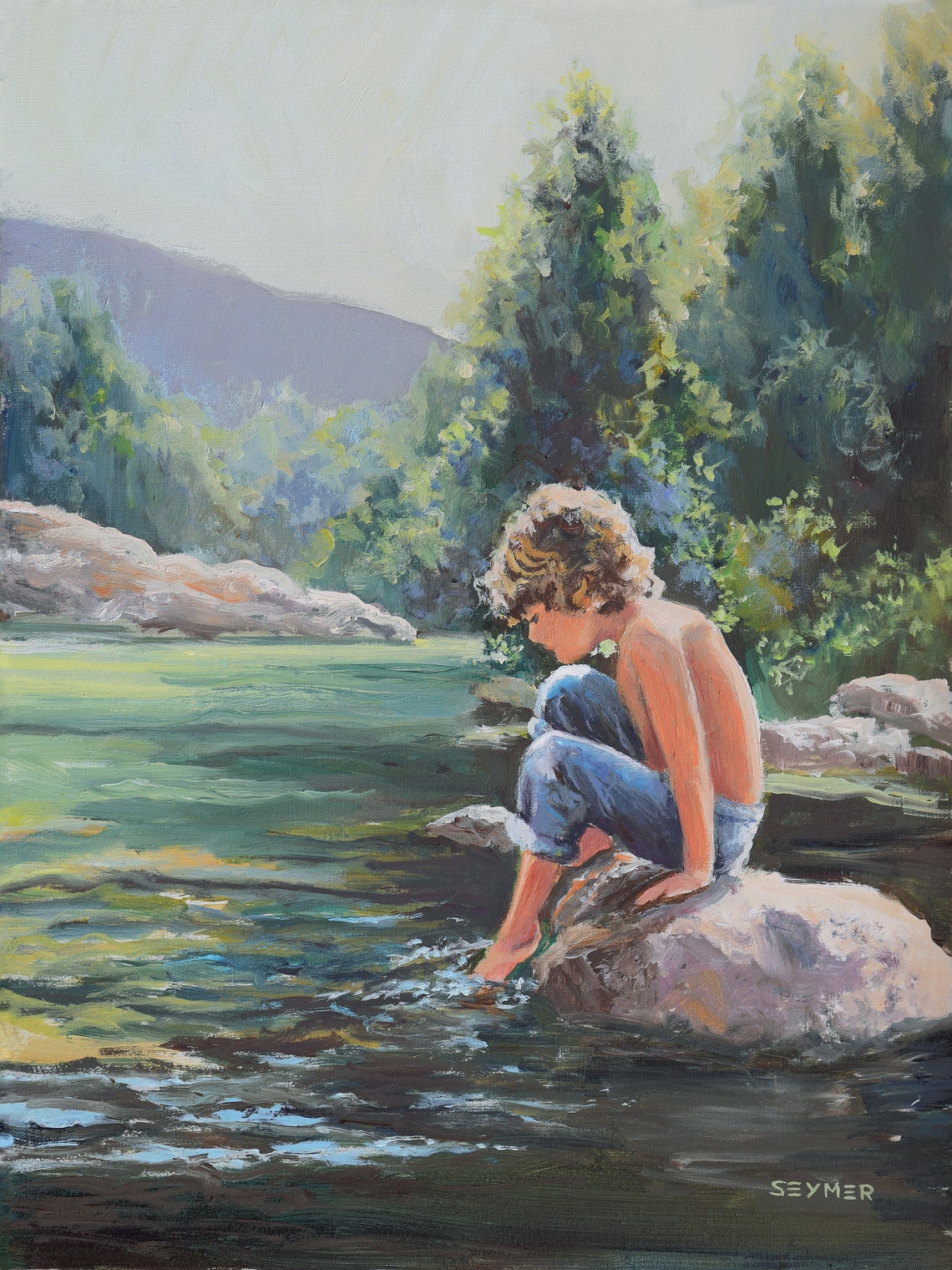 Young Boy Sitting by a Creek Dipping His Toes in the Water Poster
