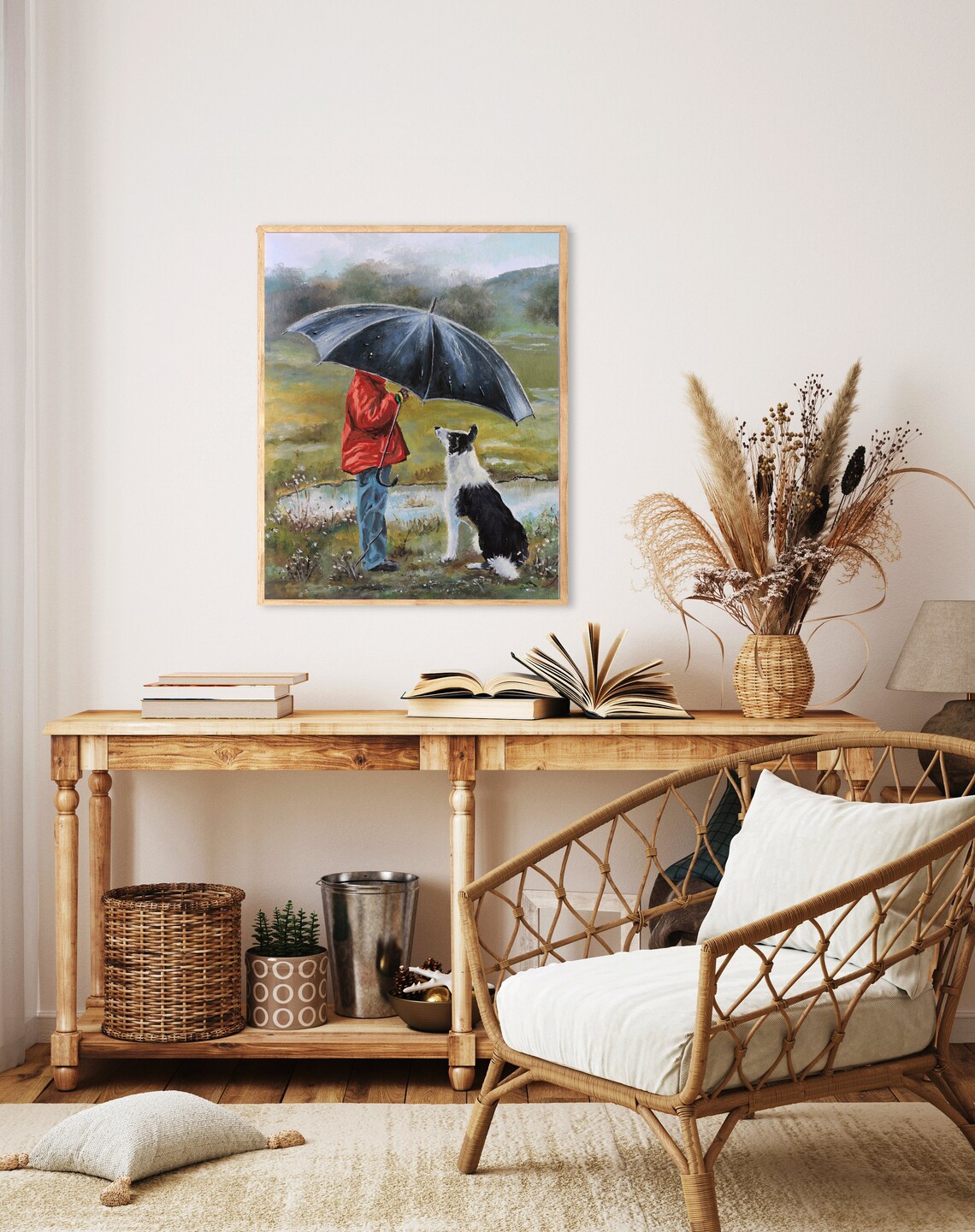 Boy Umbrella Border Collie Rainy Day Pond Field Oil Painting Poster - Image 3