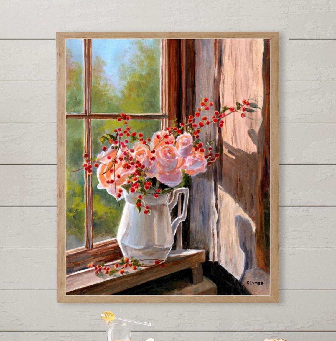 Pink Roses In Pitcher Window Still Life Floral Oil Painting Poster