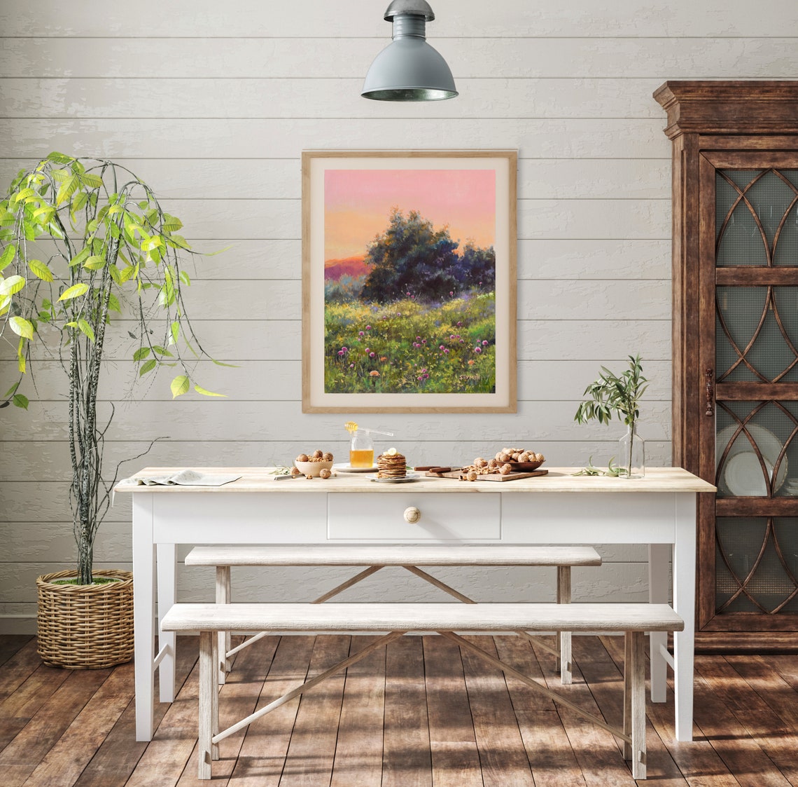Wildflower Meadow at Sunset beside a Large Leafy Shade Tree Poster - Image 6