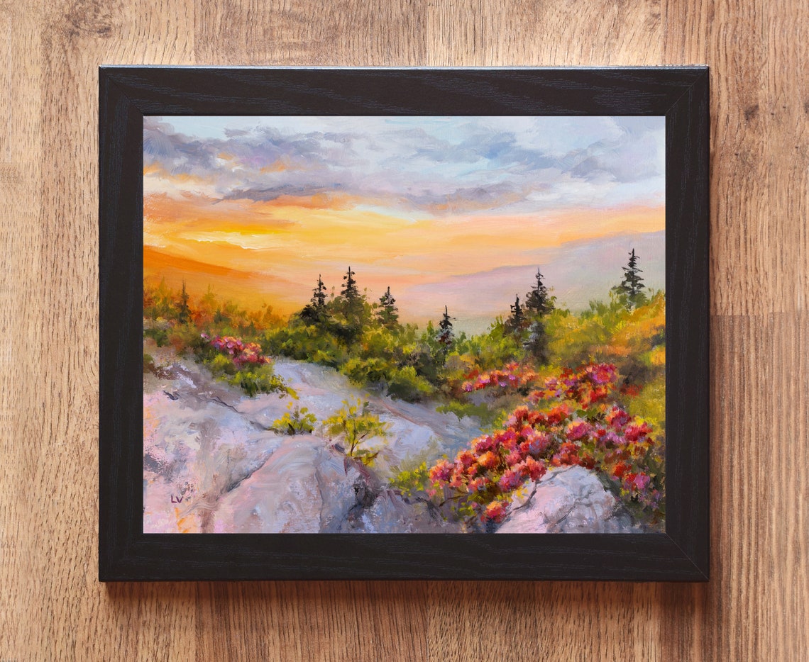 Great Smoky Mountains Art Original Blue Ridge Mountains Parkway Panoramic Sunset Oil Painting Rhododendron Bloom Fireplace Wall Decor - Image 4