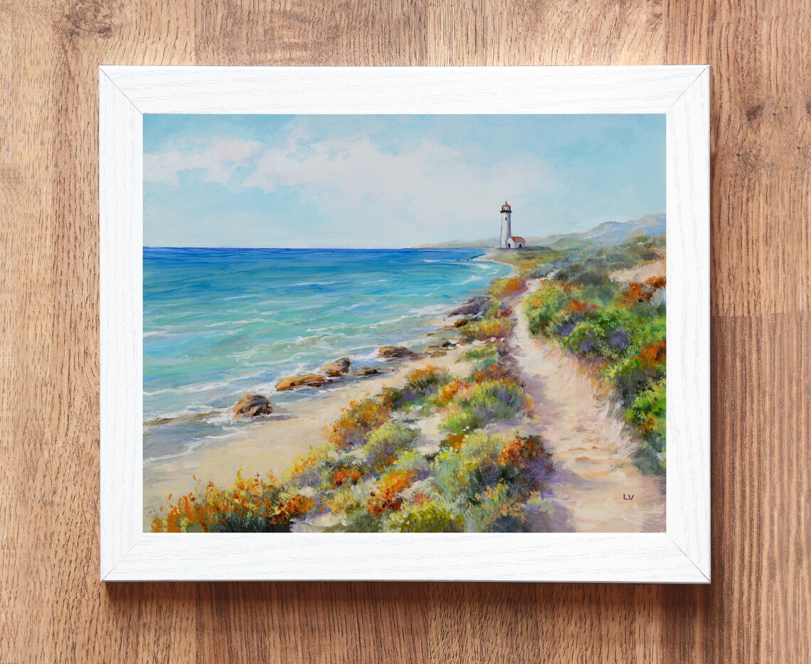 Coastal Lighthouse Path Wildflowers Rocky Seashore Oil Painting Poster - Image 6