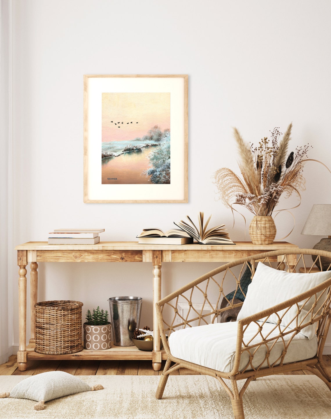 Winter Sunrise over a Frozen River with a Flock of Birds Poster - Image 4