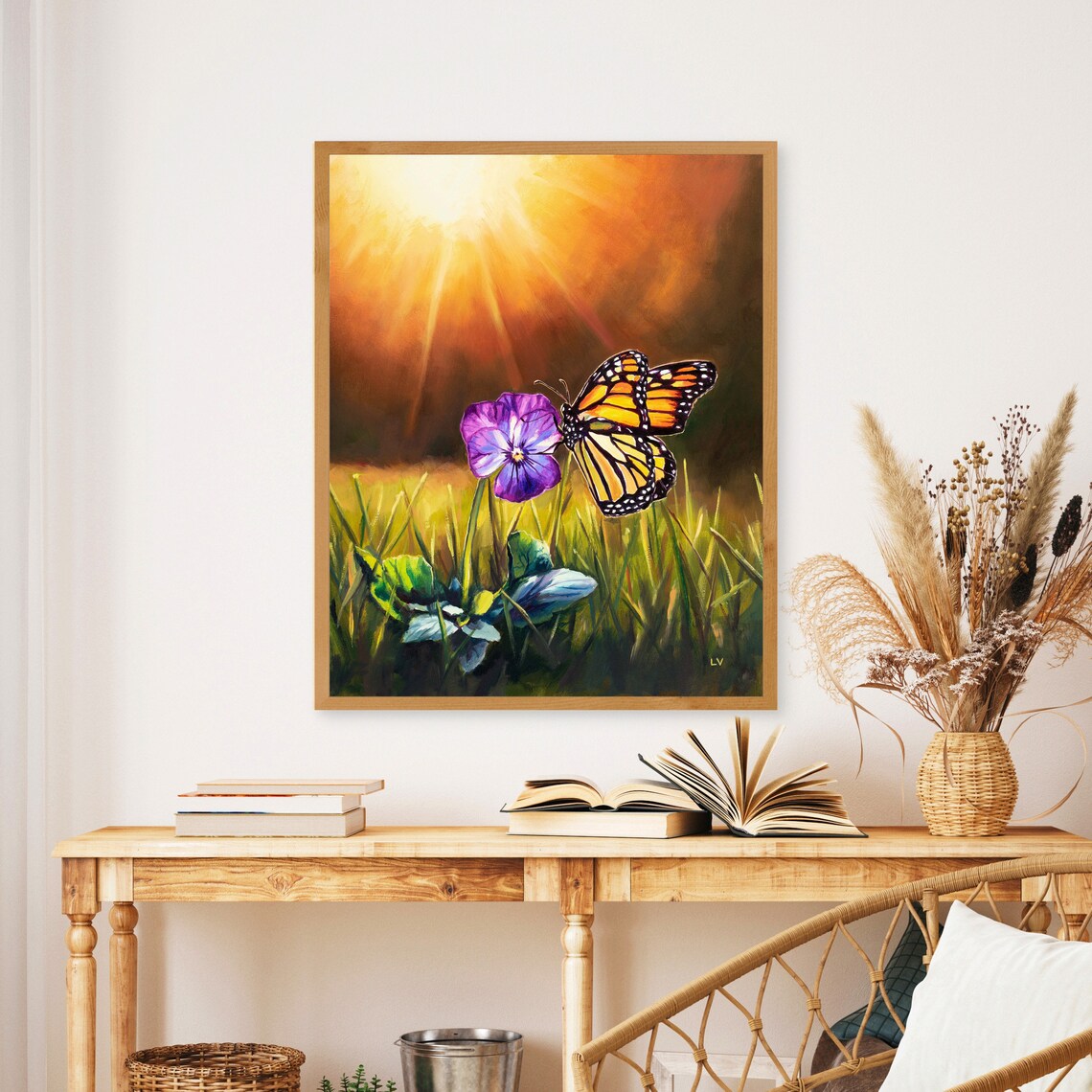 Monarch Butterfly Purple Pansy Sunlit Grass Field Oil Painting Poster - Image 5