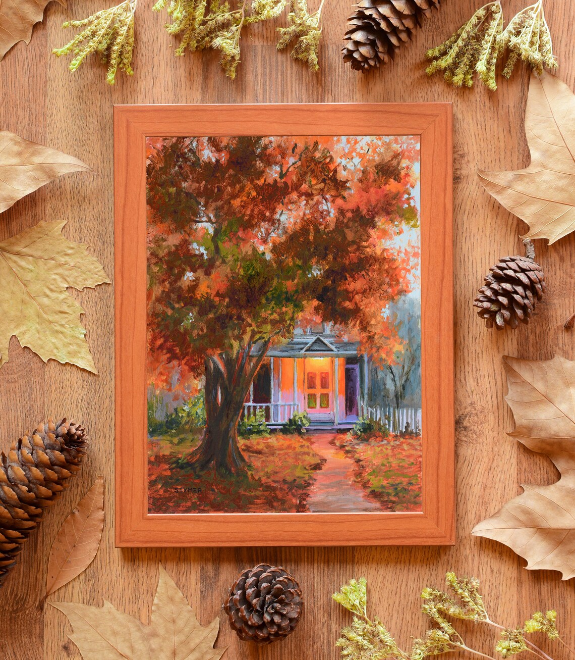 Cozy Little Autumn Cottage Glowing Warmly at Dusk Among Trees Poster - Image 6