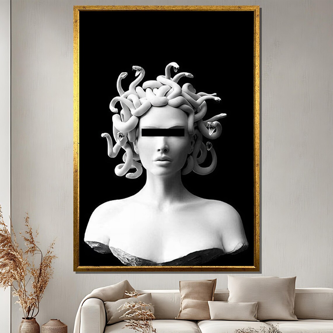 Medusa Bust Sculpture in Black and White with Covered Eyes Poster