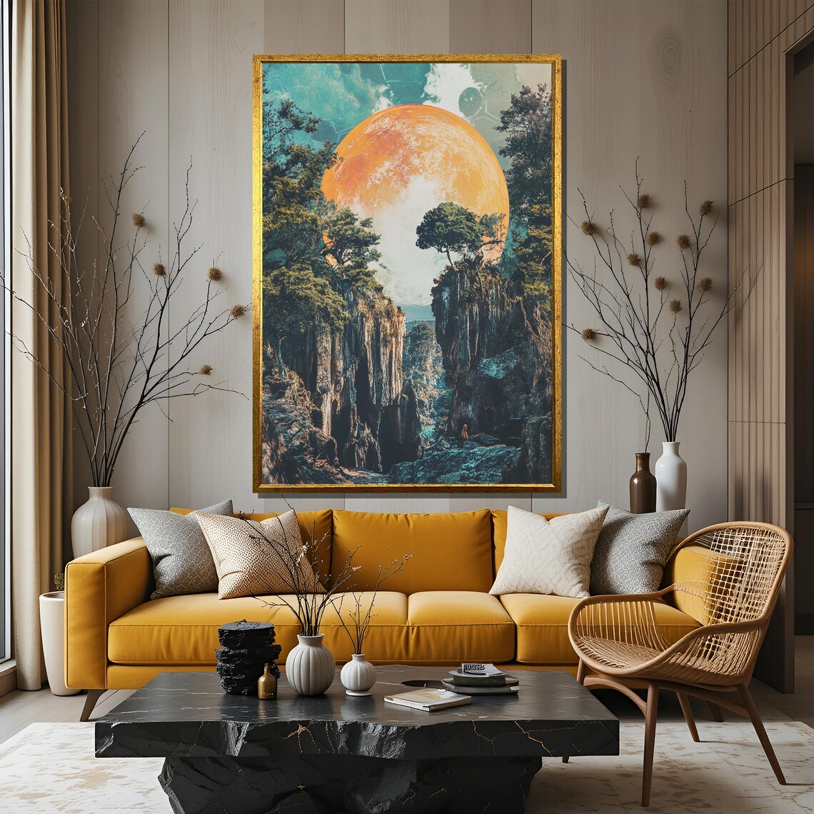 Giant Orange Moon Rising Between Canyon Cliffs Surreal Landscape Poster - Image 3