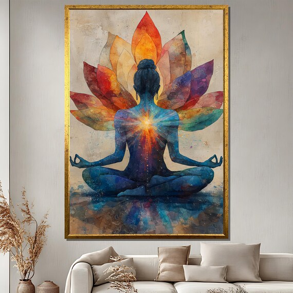 Meditating Woman with Chakra Lotus Spiritual Yoga Art Poster