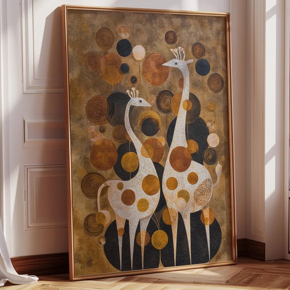 Whimsical Giraffe Art Print Abstract Safari Animal Painting Midcentury Modern Wildlife Decor Textured Gold Brown