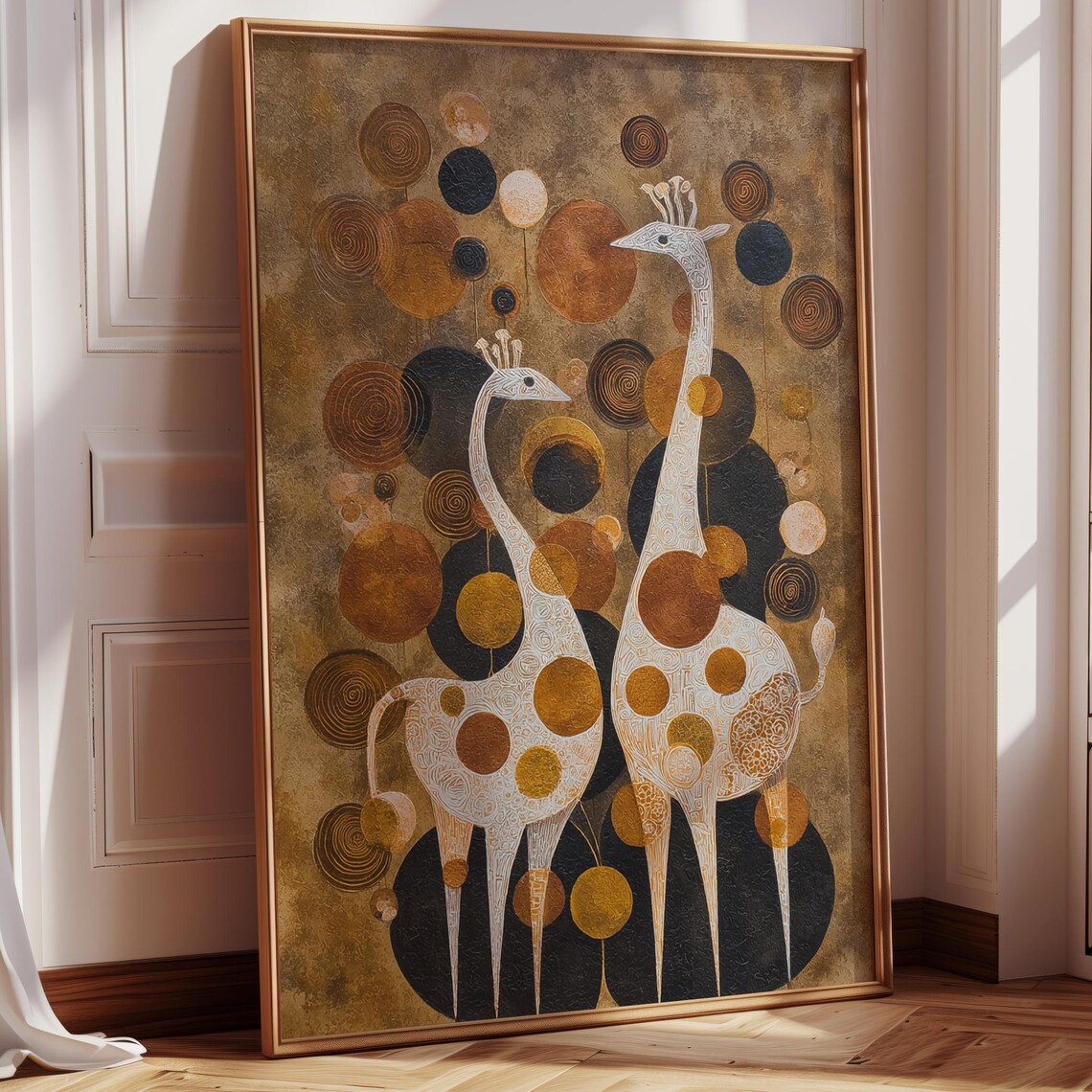 Two Golden Giraffes Textured Circles Elegant Abstract Safari Art Poster