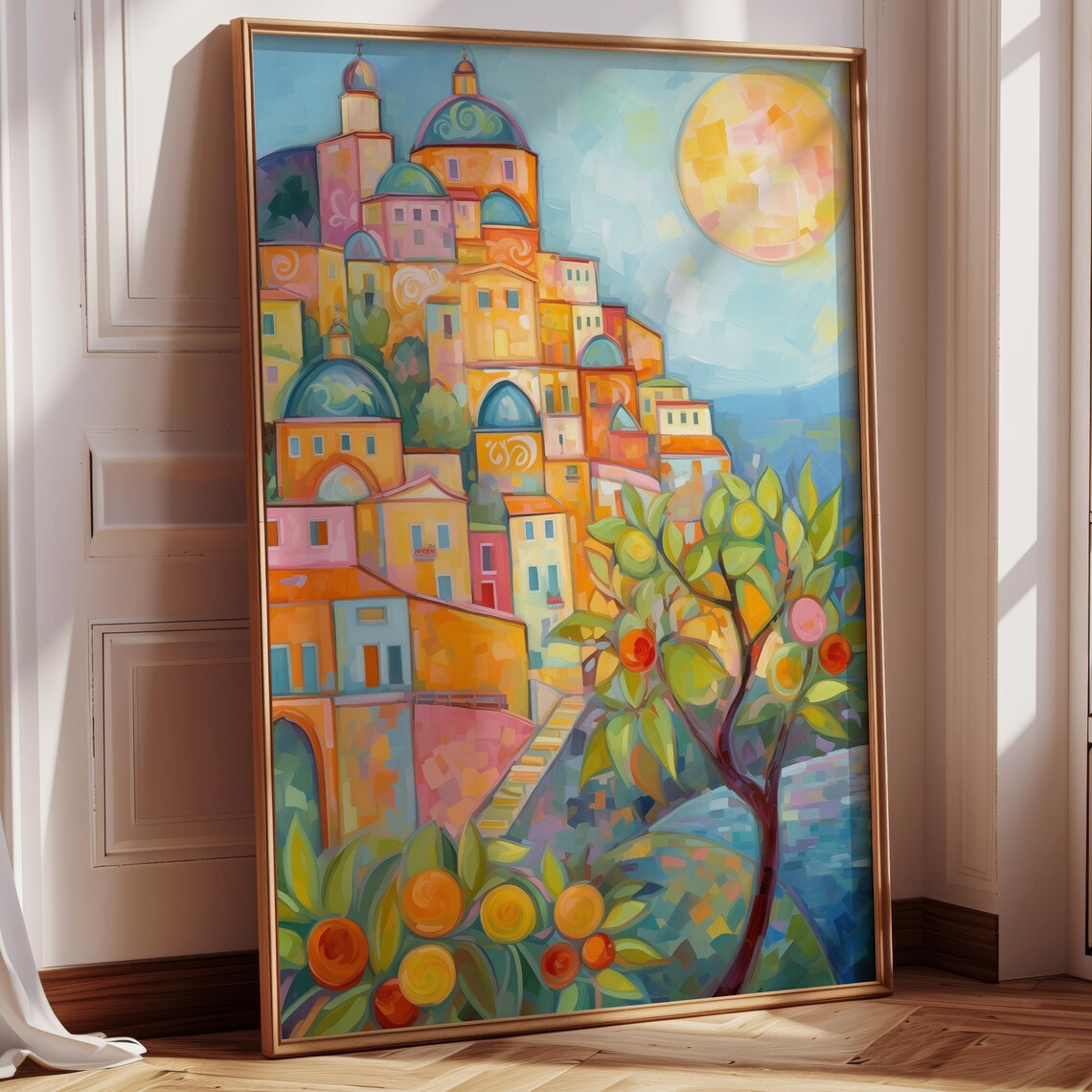 Whimsical Positano Italian Village Sun and Lemons Colorful Art Print