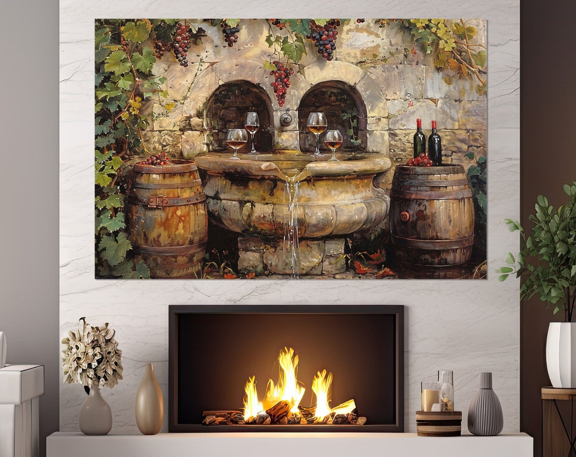 Vintage Wine Fountain Stone Cellar Oak Barrels Grapes Rustic Wall Art