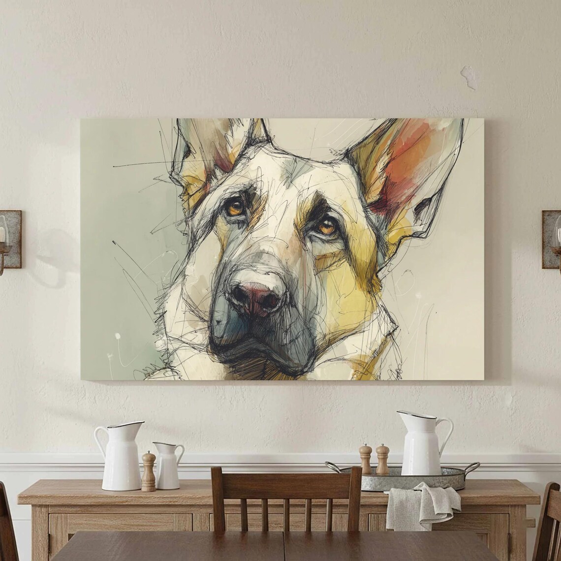German Shepherd Dog Ink Sketch Portrait Loose Watercolor Wall Art