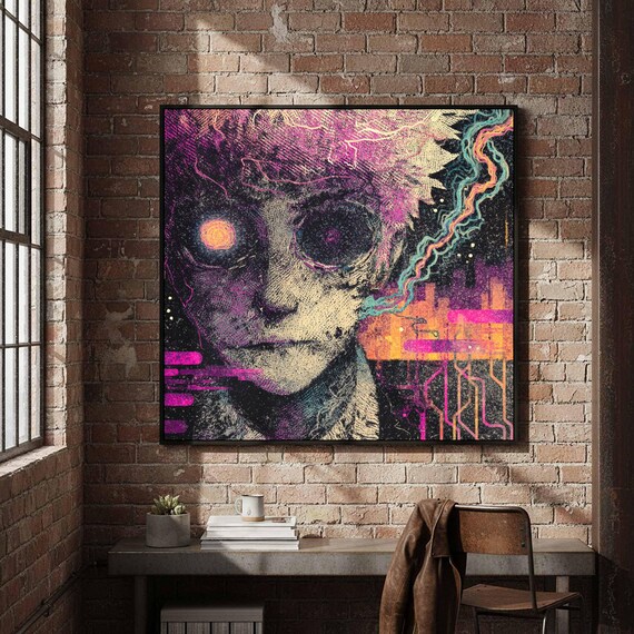Neon Glitch Cyberpunk Portrait Anime Urban Street Art Poster
