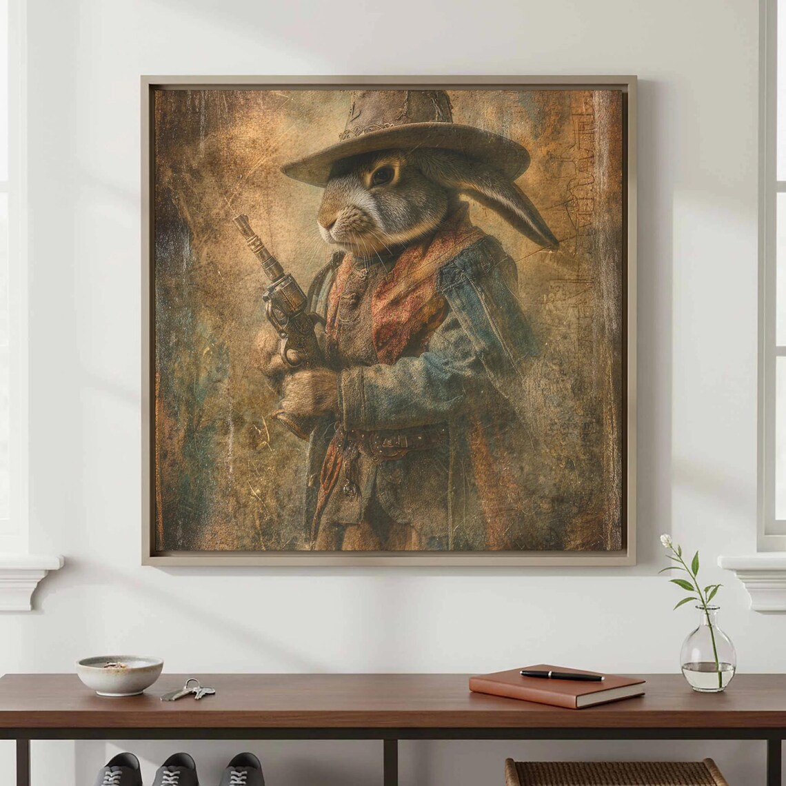 Western Cowboy Rabbit Wall Art Rustic Animal Portrait Print
