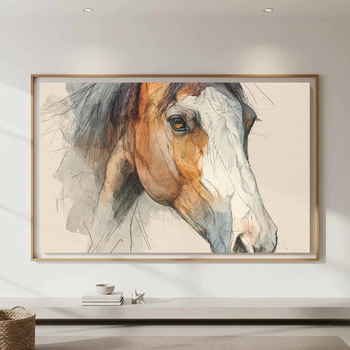 Chestnut Pinto Horse Head Watercolor Sketch Art Portrait Poster