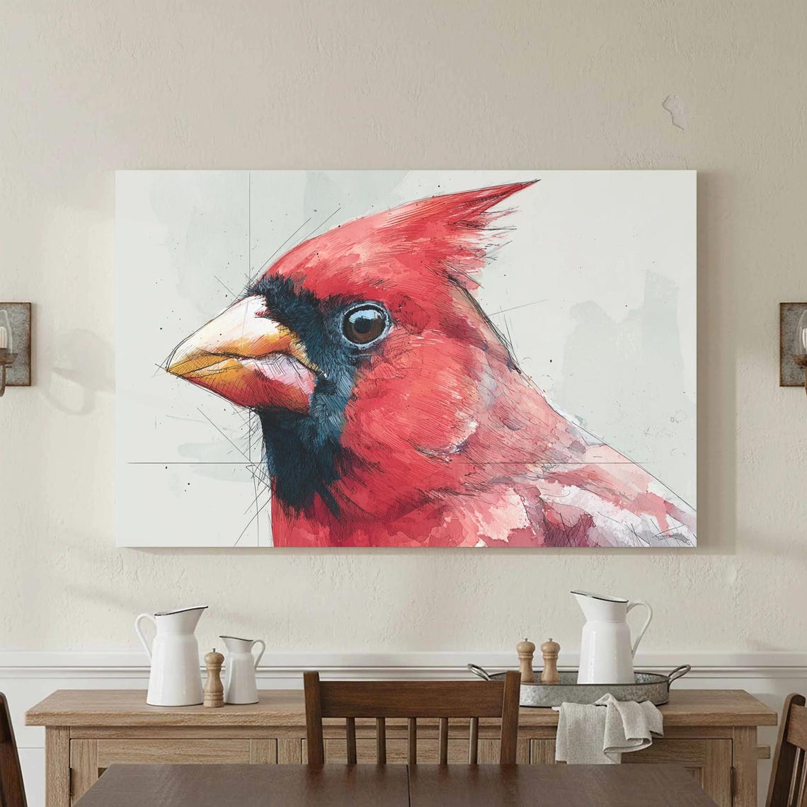 Northern Cardinal Red Bird Sketch Watercolor Close Up Portrait Poster