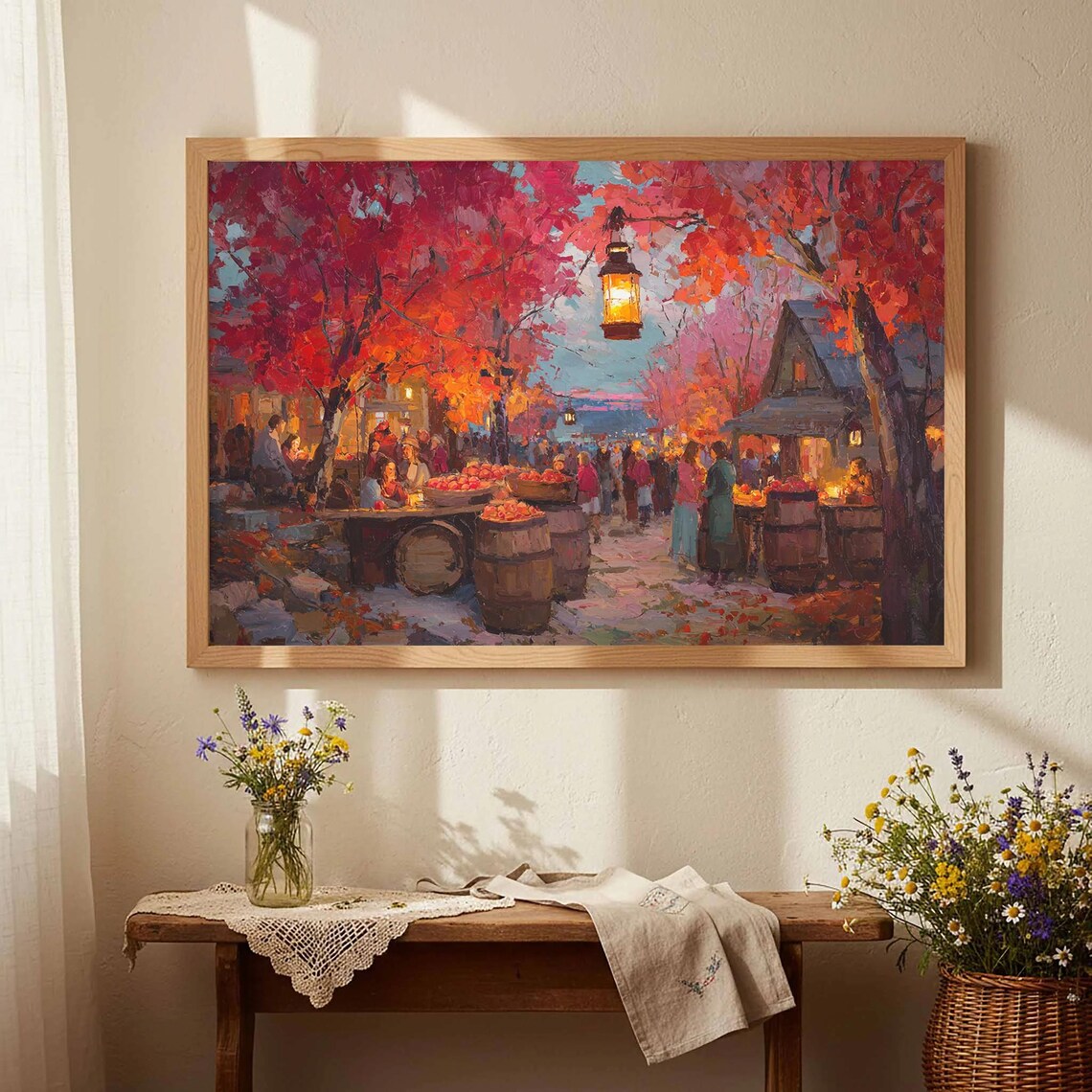 Autumn Harvest Market Lantern Red Trees Festival Night Oil Poster