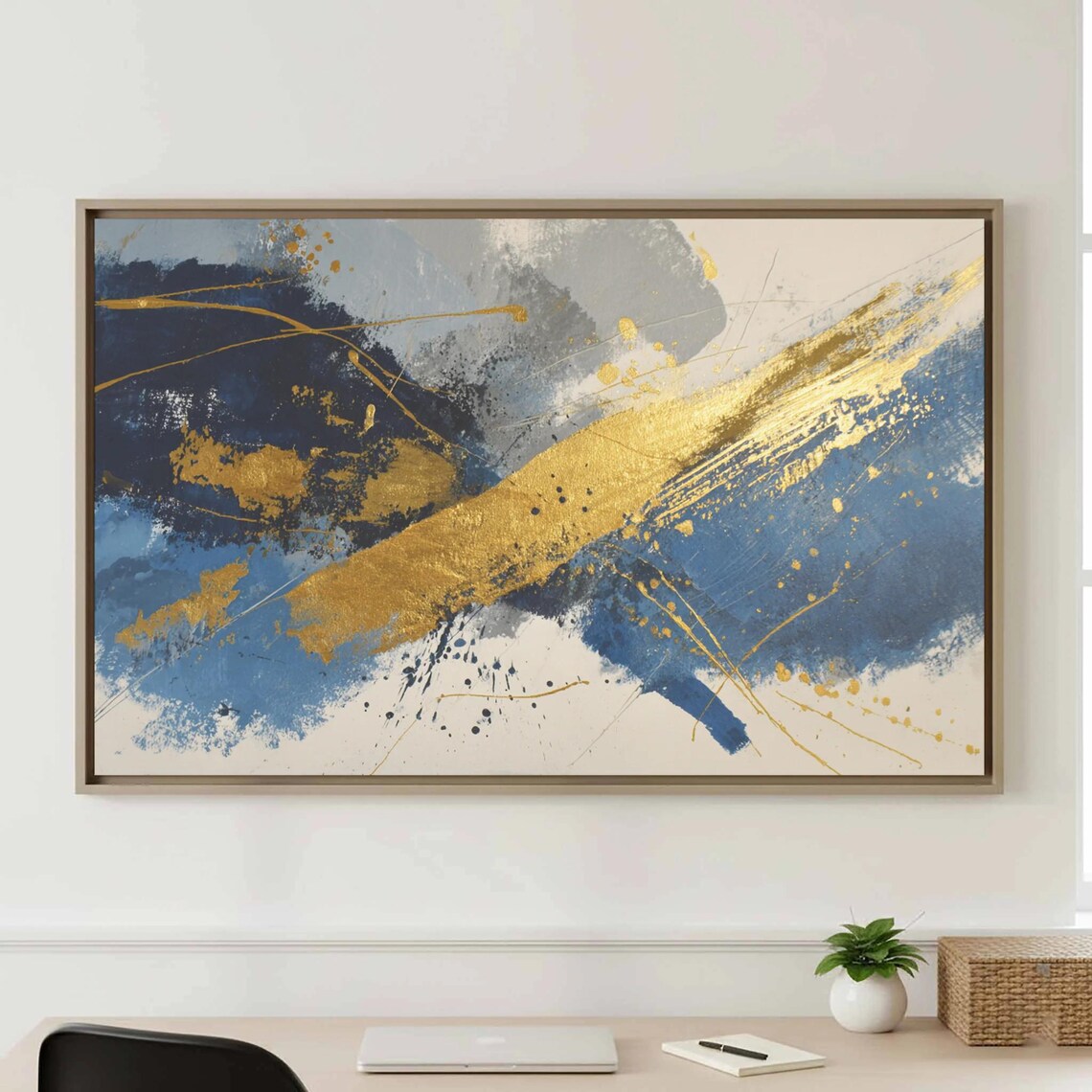 Abstract Gold Blue Wall Art Modern Dynamic Canvas Print