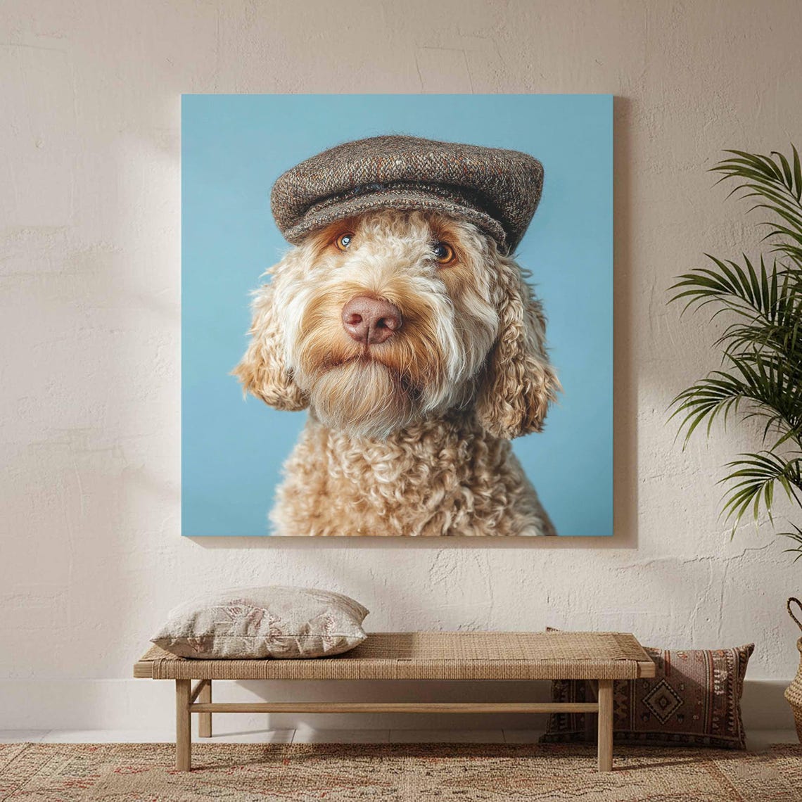 Labradoodle Dog Wearing Tweed Flat Cap Studio Portrait Poster