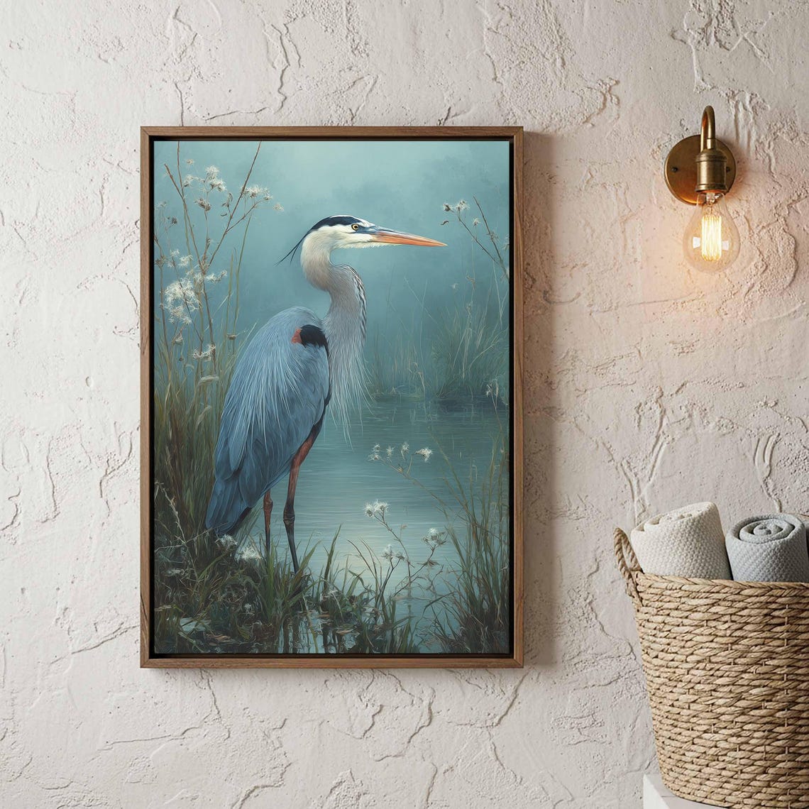 Great Blue Heron Marsh Watercolor Realistic Wildlife Bird Poster
